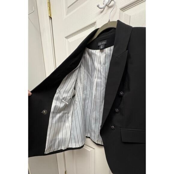 Nicole Miller Black Blazer Short White Striped Lining Work Office Women’s L - Picture 4 of 7